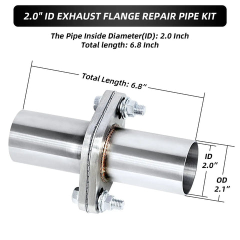Universal 2 Inch ID To 2 Inch ID Exhaust Flange Repair Pipe Kit Crafted From Heavy Duty 304 Stainless Steel with dimensions shown.