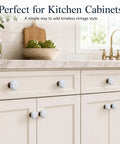 Six Pack Vintage Cabinet Knobs With White Crackled Ceramic And Antique Brass Base For Farmhouse Kitchen Cabinets.