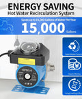 Instant Hot Water Recirculating Pump Kit For Tank Style Heaters with timer and labeling on a blue metal base for home installation.