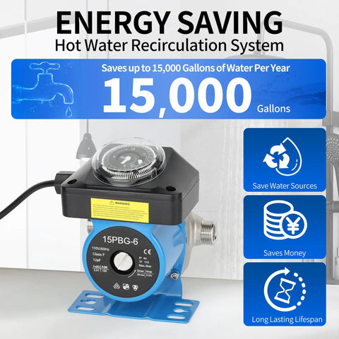 Instant Hot Water Recirculating Pump Kit For Tank Style Heaters with timer and labeling on a blue metal base for home installation.