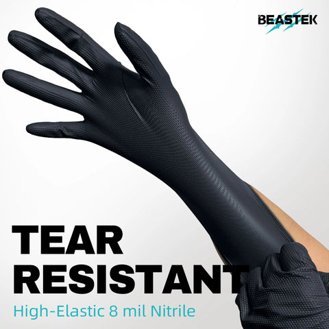 8 Mil Nitrile Disposable Gloves Diamond Textured Black Food Safe Large 50 Pcs showcasing tear-resistant feature.