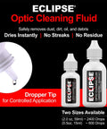 Two Eclipse optic cleaning fluid bottles with dropper caps; camera lens cleaner in 15ml and 59ml sizes