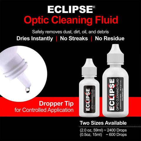 Two Eclipse optic cleaning fluid bottles with dropper caps; camera lens cleaner in 15ml and 59ml sizes