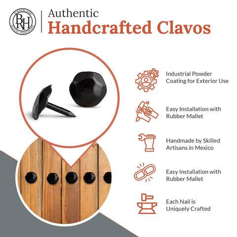 Rustic Handmade 25 Pack 0.75 Inch Black Round Head Iron Clavos Decorative Nails For Farmhouse Shutters And Barn Doors Vintage Faux Wood Hardware Fasteners With Ornamental Wood Accent For Exterior Decor with installation guide and close-up.