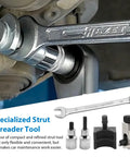 Suspension Strut Spreader Tool Kit For Quick Effortless Wheel Hub And Ball Joint Separation shown with wrench and sockets