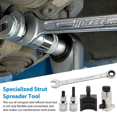 Suspension Strut Spreader Tool Kit For Quick Effortless Wheel Hub And Ball Joint Separation shown with wrench and sockets