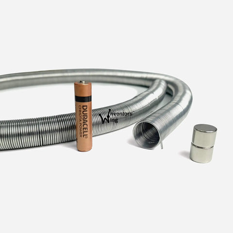 DIY Electromagnetic Train Kit For Science Enthusiasts, coiled wire with battery and magnets, part of the experiment kit
