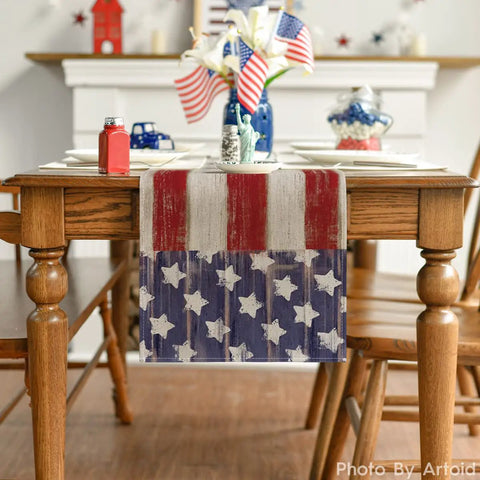 American Flag Table Runner 13x72 Inch For 4th Of July Memorial Day Kitchen Dining Decor Durable Spun Polyester Party Ready