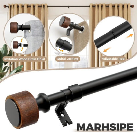 Illustration of Imitation Wood Grain Curtain Rod Set 1 Inch Diameter Heavy Duty Adjustable Drapery Rods For Windows 48 To 84 Inches