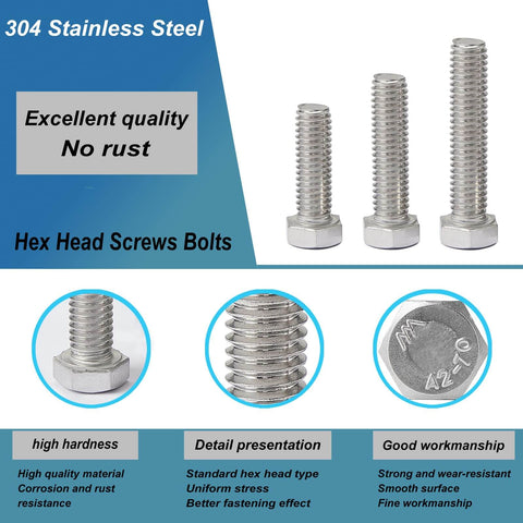 M8 X 25Mm Hex Head Bolts Set 20 Pack Stainless Steel 304 A2-70 Fully Threaded M8 X 1.25 Pitch Bright Finish