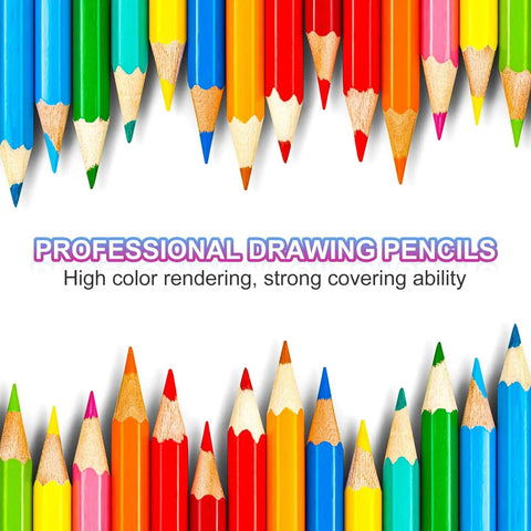Variety of colorful drawing pencils, arranged in rows, with text 'Professional Drawing Pencils' for high color rendering.