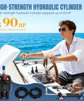 Man using 90HP Outboard Hydraulic Steering Kit With Pump And Cylinder on a boat with blue ocean background.