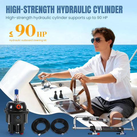 Man using 90HP Outboard Hydraulic Steering Kit With Pump And Cylinder on a boat with blue ocean background.