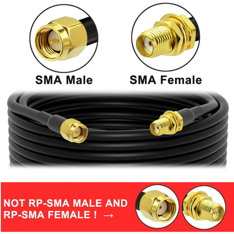 SMA Extension Cable 32.8ft 10m SMA Male to SMA Female RG58 50 Ohm Low Loss coax with connectors and warning label