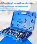 Heavy Duty Manual Pipe Bender For Copper Aluminum And Steel Tubing 0 To 90 Degree Bends With Built In Flaring Tool, shown in blue case.