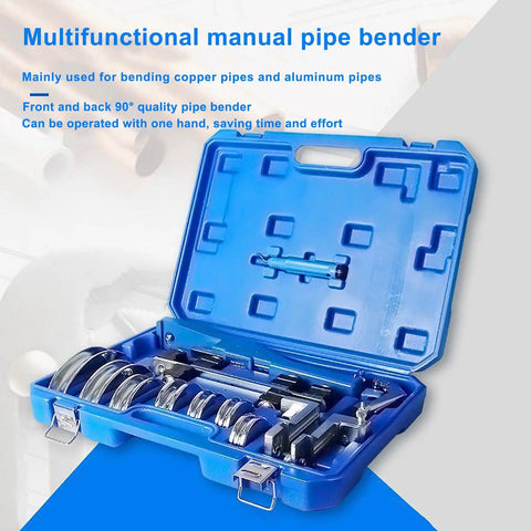 Heavy Duty Manual Pipe Bender For Copper Aluminum And Steel Tubing 0 To 90 Degree Bends With Built In Flaring Tool, shown in blue case.