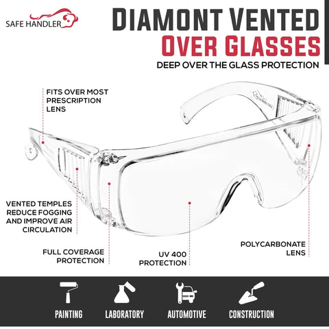 Diamont Clear Vented Over Glasses Safety Eyewear 6 Pack Impact Resistant Polycarbonate Lenses ANSI Z87 1 Certified with vented design