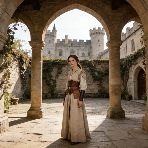 Woman in medieval attire with Easy Adjust Vintage Brown Leather Waist Belt With Heavy Duty Industrial Buckle in castle setting.