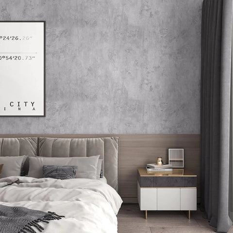 Bedroom wall with textured cement countertop contact paper peel and stick grey concrete vinyl film for furniture and bathrooms.