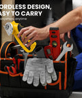 Upgrade Your Workflow With This Badass 4V Cordless Electric Scissors in a tool bag with gloves and tools for cutting.