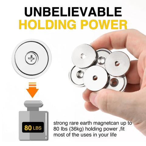 Heavy Duty Round Mounting Magnets With Screws 80 Lbs Hold 12 Pack Silver Neodymium Industrial Strength Magnets shown in hand