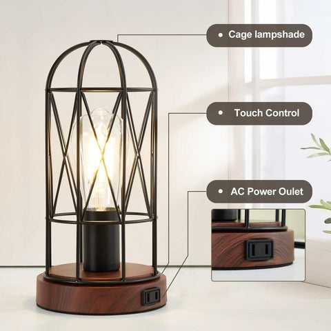 Dope Vintage Rustic Desk Lamp with metal cage lampshade, touch control, and AC outlet for bedroom and living room.