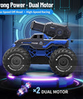 Amphibious 4WD RC Monster Truck With Waterproof Boat And Water Gun, shown with dual motor technology in futuristic setting.