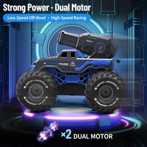 Amphibious 4WD RC Monster Truck With Waterproof Boat And Water Gun, shown with dual motor technology in futuristic setting.