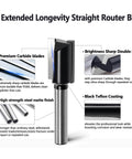 Pro Grade Six Piece Straight Router Bit Set With One Quarter Inch Shank Carbide Tipped Two Flute Bits For Woodworking Grooving Rabbet Cuts And Jointing In Diameters From One Quarter To Three Quarters Inch For A Smooth Planed Finish displayed with premium carbide blades, high-strength steel matte finish, and black Teflon coating.
