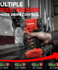 Beast Mode Cordless Impact Wrench 1/2 Inch Brushless Motor featuring multiple speed settings for optimal torque adjustment.