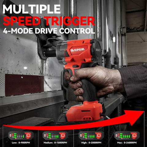 Beast Mode Cordless Impact Wrench 1/2 Inch Brushless Motor featuring multiple speed settings for optimal torque adjustment.