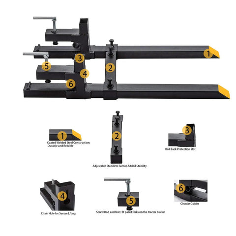 Clamp On Pallet Forks For Tractor Bucket With Adjustable Stabilizer Bar, 43 Inch Length, detailed view of design and features.