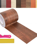 Wood Grain Repair Tape Self Adhesive Two Point Four Inch By 32 Ft For Tables Chairs Baseboards Doors Windows Floors Fix Up Scratches Cracks Makeover Your Furniture And Refurbish With Realistic Sequoia Red Bean Wood Look displayed with application tools.