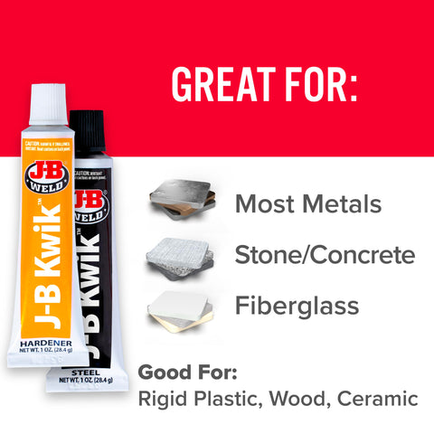 KwikWeld Quick Setting Steel Reinforced Epoxy packaging highlighting usage on metal, stone, concrete, fiberglass, plastic, wood, ceramic