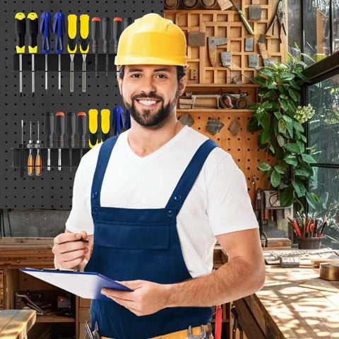 Man in workshop with Two Pack Heavy Duty Screwdriver Plier Organizer Wall Mount Rack For Garage And Workshop Metal Tool Holder visible.