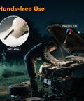 Man using T2A Compact EDC Flashlight 1500 Lumens, Rechargeable AA LED for car repair with magnetic base and hat lamp feature