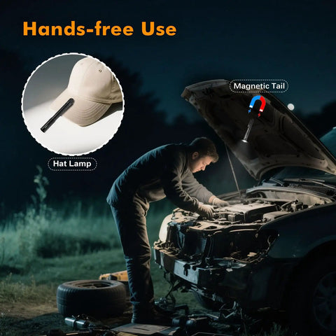 Man using T2A Compact EDC Flashlight 1500 Lumens, Rechargeable AA LED for car repair with magnetic base and hat lamp feature