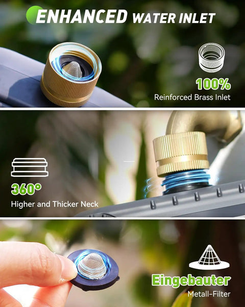 Close-up of reinforced brass inlet on 3 Zone Sprinkler Timer with Brass Inlet and IP65 Waterproof Housing, showing 360° neck.