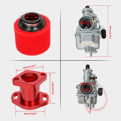 VM22 Racing Performance Carburetor For Predator 212cc And 196cc Clone Engines Fits Coleman CT200U BT200X KT196 Mini Bike Go Kart GX160 GX200 6.5HP OHV Includes Intake Manifold And 38mm Air Filter Red components