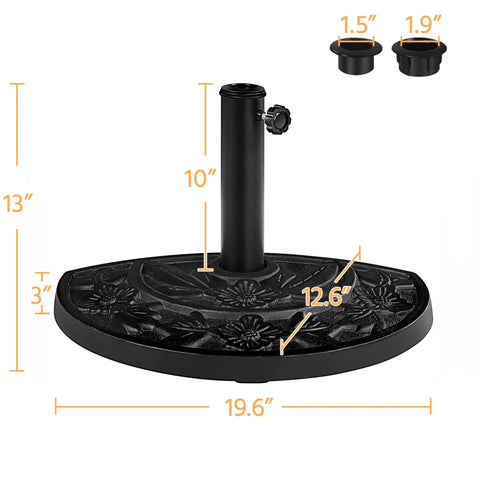 Heavy Duty Half Round Umbrella Base Stand For Patio Umbrellas Resin Outdoor All Weather Base Rock Solid Stability For Any Weather 20 Inch Diameter 13 Inch Radius 13 Inch Height Fits 38mm And 49mm Poles with floral design