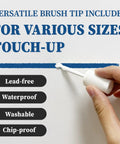 White Multi Surface Touch Up Paint Pen For Walls Doors Cabinets Metal Appliances Wood And Furniture DIY Friendly Quick Dry Scratch Repair 1.5 Fl Oz Semi Gloss Finish used for precise painting with brush tip on wall, features lead-free, waterproof, washable, chip-proof qualities.