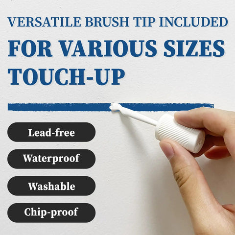 White Multi Surface Touch Up Paint Pen For Walls Doors Cabinets Metal Appliances Wood And Furniture DIY Friendly Quick Dry Scratch Repair 1.5 Fl Oz Semi Gloss Finish used for precise painting with brush tip on wall, features lead-free, waterproof, washable, chip-proof qualities.