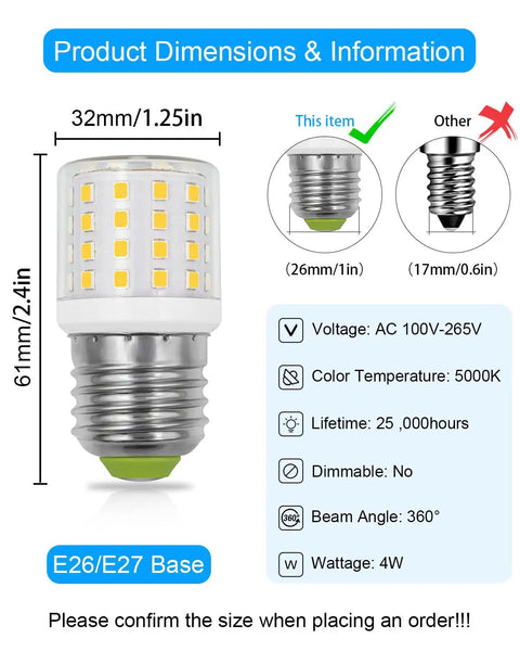 LED Refrigerator Light Bulb 4W Replacement For AC 100-265V, 580LM, 5000K Daylight White, CRI 80, Dustproof Waterproof Fridge Light For Frigidaire Kenmore Kel 3418L Freezer