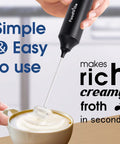 Rechargeable Milk Frother Handheld Foam Maker With USB Type C Charging Stainless Balloon Whisk For Cappuccino Latte Bulletproof Coffee Keto Diet Protein Powder And Matcha Black whisking milk in cup