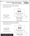 Slick Universal Bathtub Drain Stopper and Cover specification sheet with dimensions and washer details for easy installation.