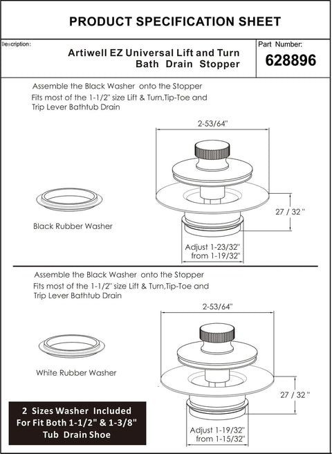 Slick Universal Bathtub Drain Stopper and Cover specification sheet with dimensions and washer details for easy installation.