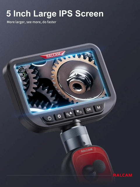 360 Degree Articulating Borescope With Dual Front And Side Lenses, 4 Way Joystick Control, Narrow 0.25 Inch Slim Probe For Tight Spaces, Pro Grade Dual View Diagnostics For Automotive, Plumbing, And Industrial Inspection. 5-inch IPS screen showing gears
