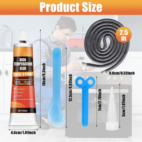 WANJAO wood stove gasket kit with 100ml high-temperature cement tube, 2.5m gasket rope, blue scissors, sealing tape.
