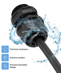Close-up of 30 Pcs PG7 Cable Glands Adjustable 3-6.5mm PA6 Nylon IP68 Waterproof Connectors, black, illustrating weather resistance.