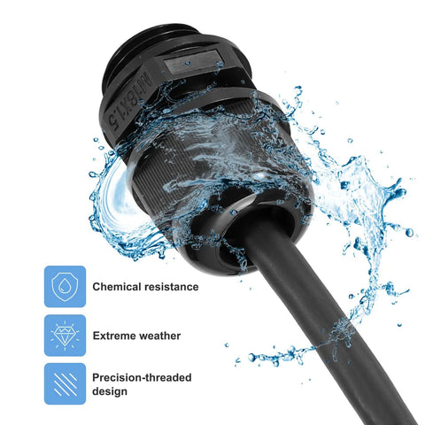 Close-up of 30 Pcs PG7 Cable Glands Adjustable 3-6.5mm PA6 Nylon IP68 Waterproof Connectors, black, illustrating weather resistance.
